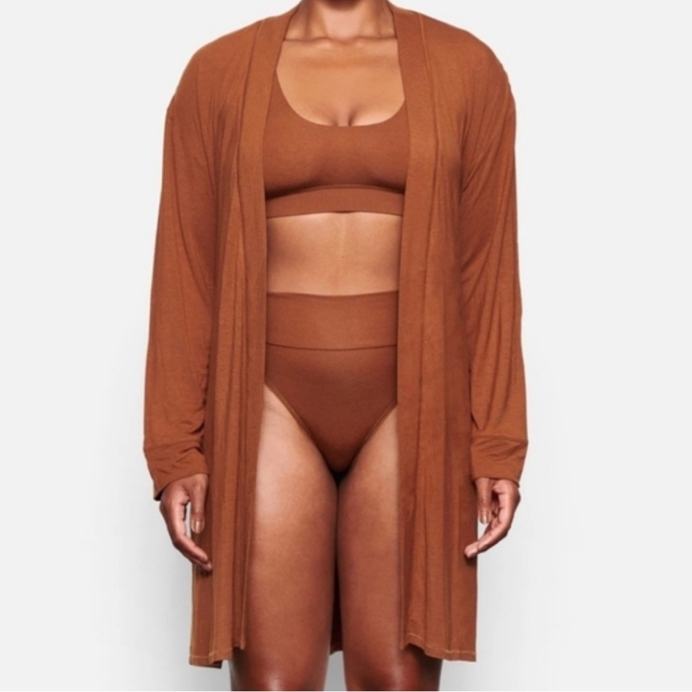 SKIMS Cozy Rib Long Robe in Chestnut Brown